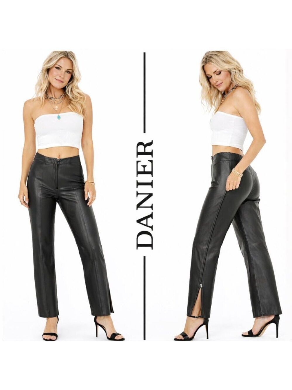 Danier Black Leather Wide Leg Pants Tall Seamed Zip Hem Size 8